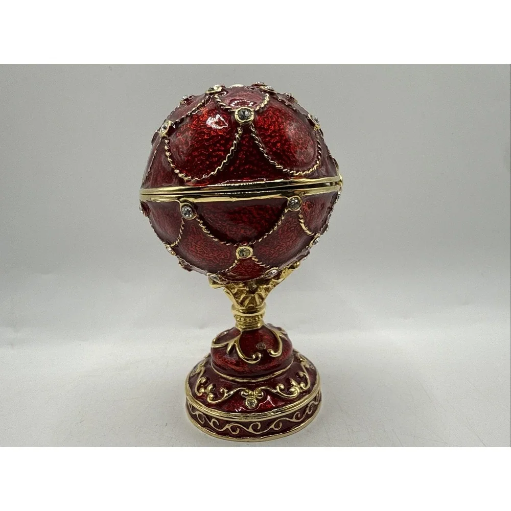 Jeweled Enameled Hinged Red Egg Trinket/Jewerly Box